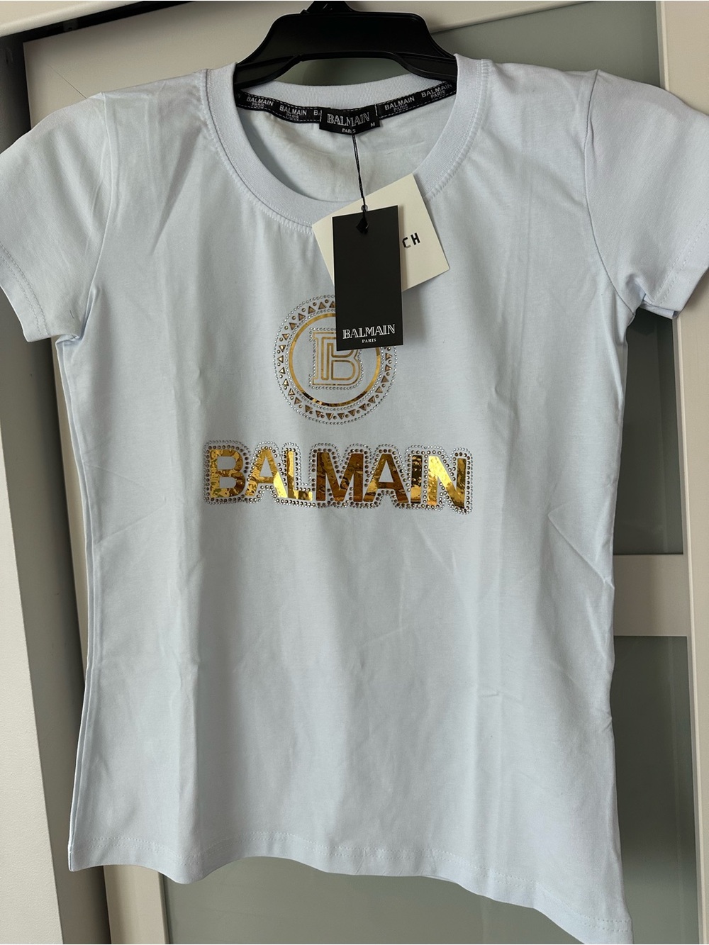 Balmain White T-Shirt with Gold Logo